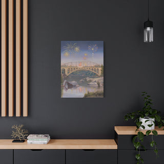 Artwork of  Folsom Bridge with fireworks on a dark wall above a wooden console table.