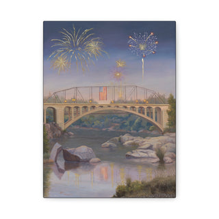 Canvas print of Folsom Bridge over a river with fireworks in the sky. 