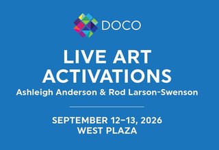 Promotional graphic for 'Live Art Activations' featuring a bright blue background, white text, colorful geometric shapes, and a small art print collage on the right side. Visible text includes 'DOC0' and event details for West Plaza on September 12-13, 2026.