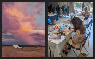 A split-panel photo: the left side shows a painted landscape scene with a dramatic pink, orange, and purple sky over a dry field and small white buildings; the right side shows a woman seated at a table working on a painting in an art studio, with other paintings and chairs visible in the background.