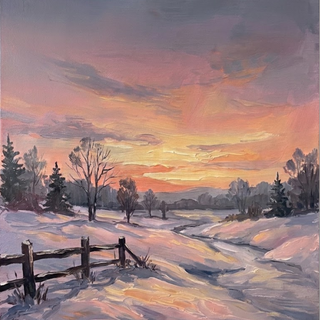 A painted winter landscape with a snowy field, rustic fence, bare trees, and a dramatic sunset sky in pink, orange, purple, and blue tones.