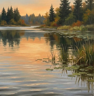 A landscape painting of a calm lake or river at sunset, with golden light reflecting on the water, lily pads, reeds, and a line of dark evergreen trees in the background.